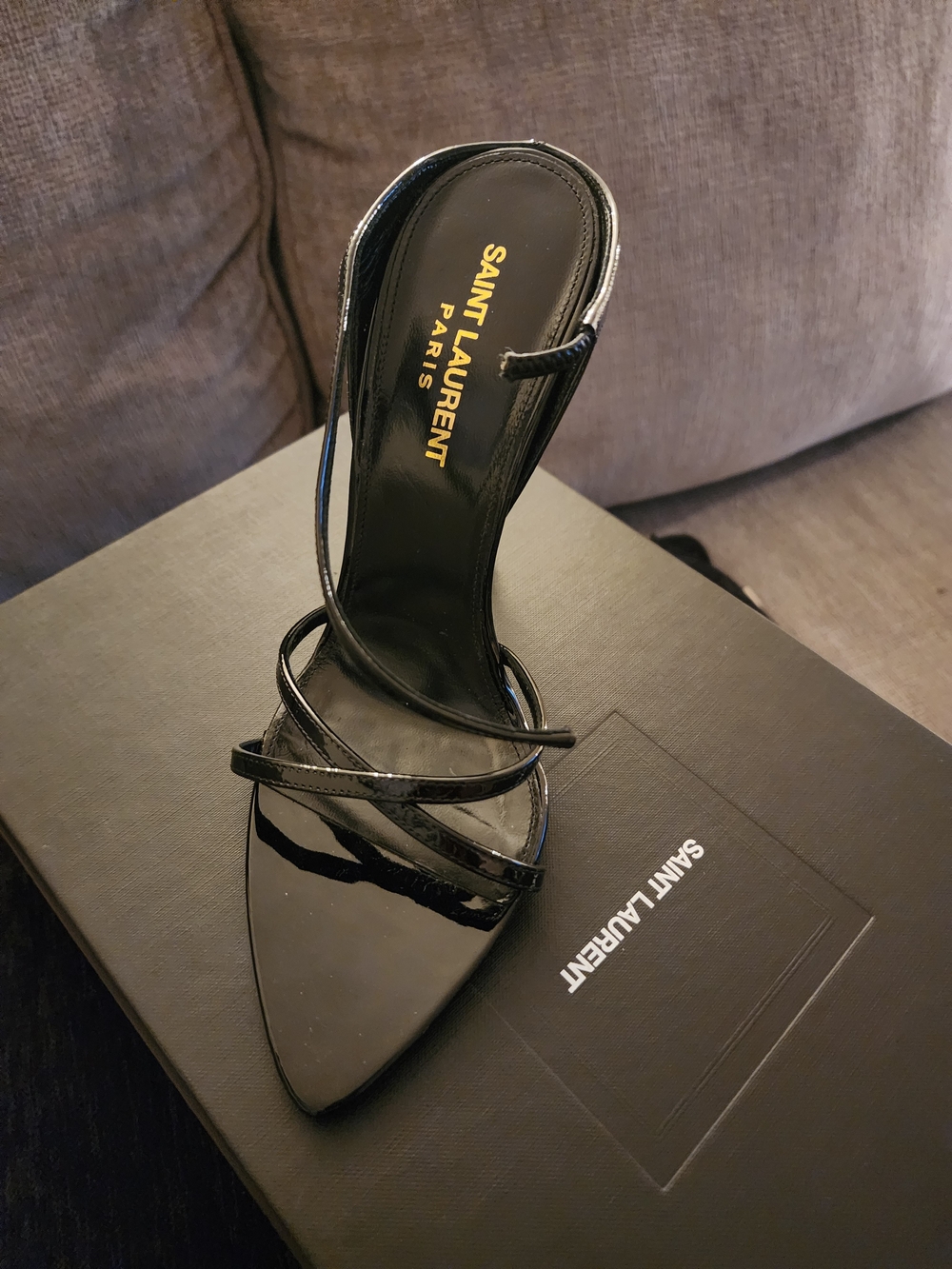 Saint Laurent Black Patent Leather Strappy Pointed-Toe Heel